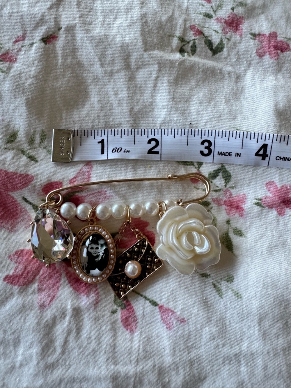 Aratta Gold-Tone Pearl & White Rose Brooch with Crystal and Cameo Charms